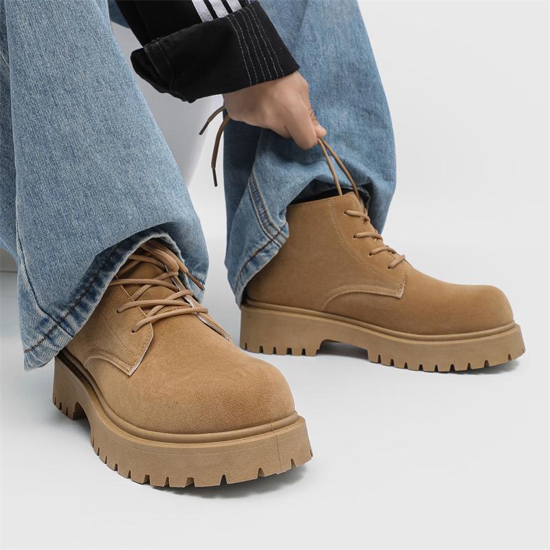 Fashion Brown Mens Derby Shoes Chunky Platform Sole Big Round Toe Lace-up Suede Leather Retro Vintage Work Shoes Anti-Slip Comfortable