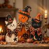 Rustic Gothic Halloween Decor Set with Witch Cat and Moon Figurines for Autumn Tabletop Mantel Display Wooden Craft