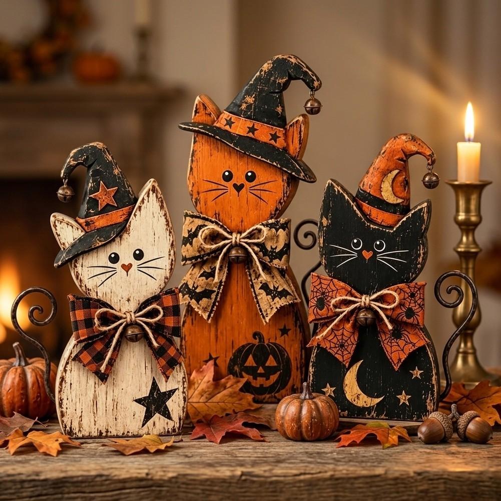 Rustic Gothic Halloween Decor Set with Witch Cat and Moon Figurines for Autumn Tabletop Mantel Display Wooden Craft