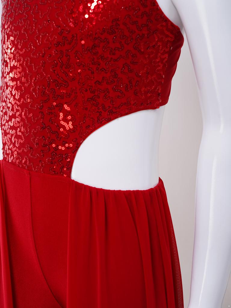 Girls Shiny Sequins Halter Sleeveless Backless Skirted Jumpsuit Latin Dance Performance Costume