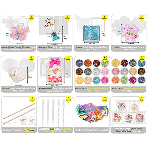 FUNSHOWCASE Shaker Mold Set, Resin Keychain, Strap, Silicone Mold, Film, Holographic Mold, Slicing Stick, Dropper, DIY Beginner Tools, Julie, 133-Piec