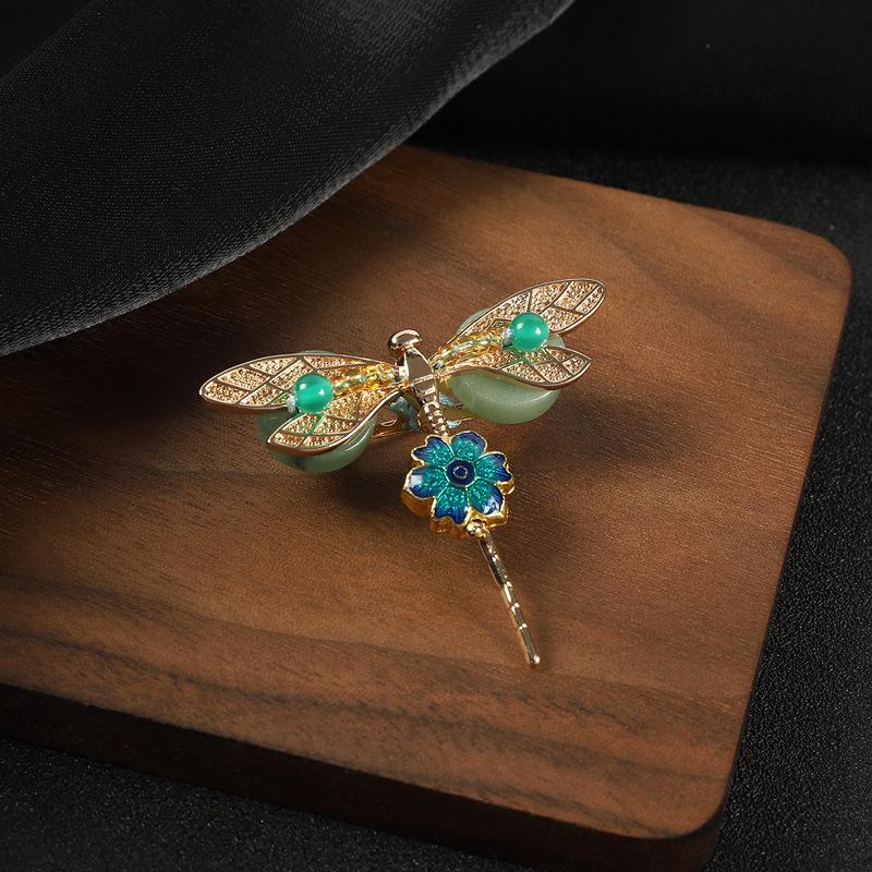 Chinese style retro literary dragonfly brooch Dongling jade cloisonne high-end temperament scarf pin niche accessories women