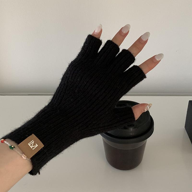 New Fashionable Simple Solid Color Half Finger Gloves Minimalist Touch Screen Knitted Gloves Autumn and Winter Palm Warm Gloves
