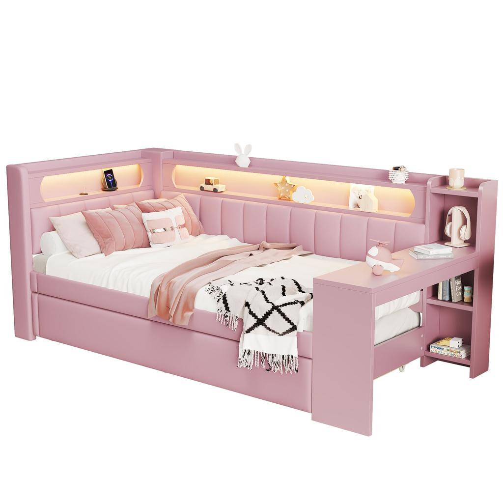 Divano Letto Imbottito 90x200 con Porte USB e Striscia LED, con Letto Estraibile e Scrivania, Rosa
