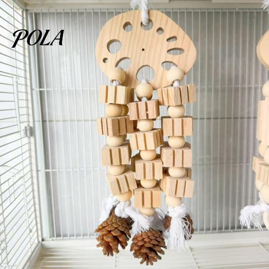 Parrot Gnawing Accessory Wooden Blocks Toy, Bird Chew Toy with Beads Pinecones, Safe Pine Cone Beak Grinding Cage for Macaws African Greys Large