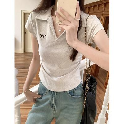 Right Shoulder Short-sleeved Lapel Embroidered Bow T-shirt for Women Summer Waist Slimming Short Polo Collar Top