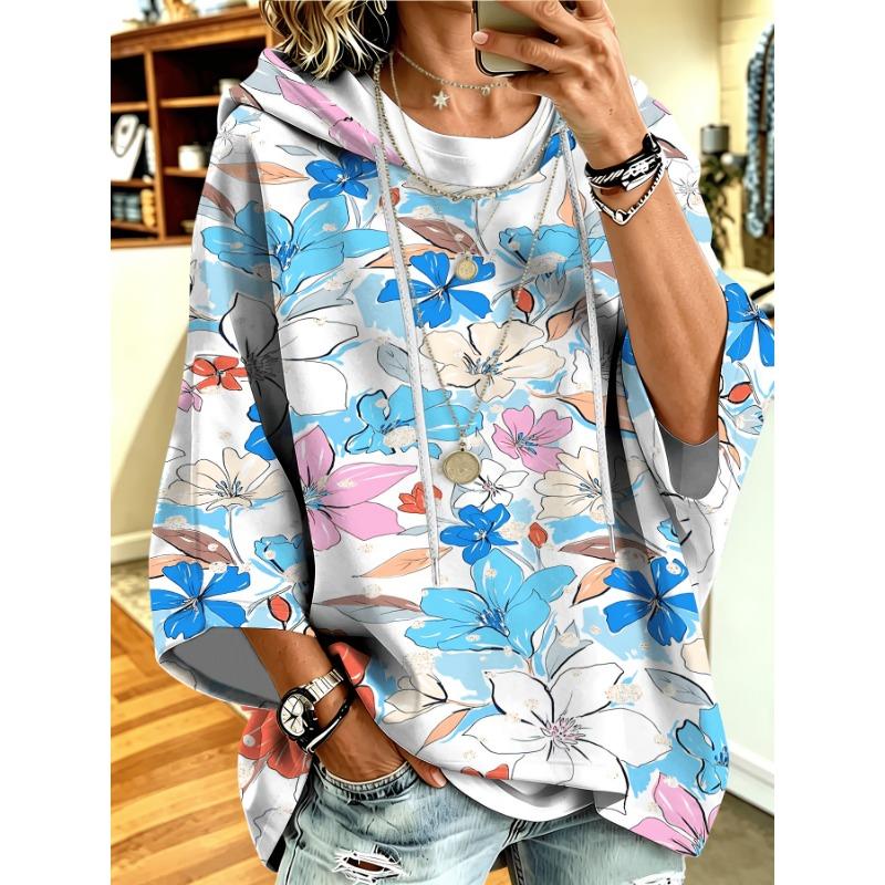 Women's large size hooded sweatshirt with large floral fresh floral print
