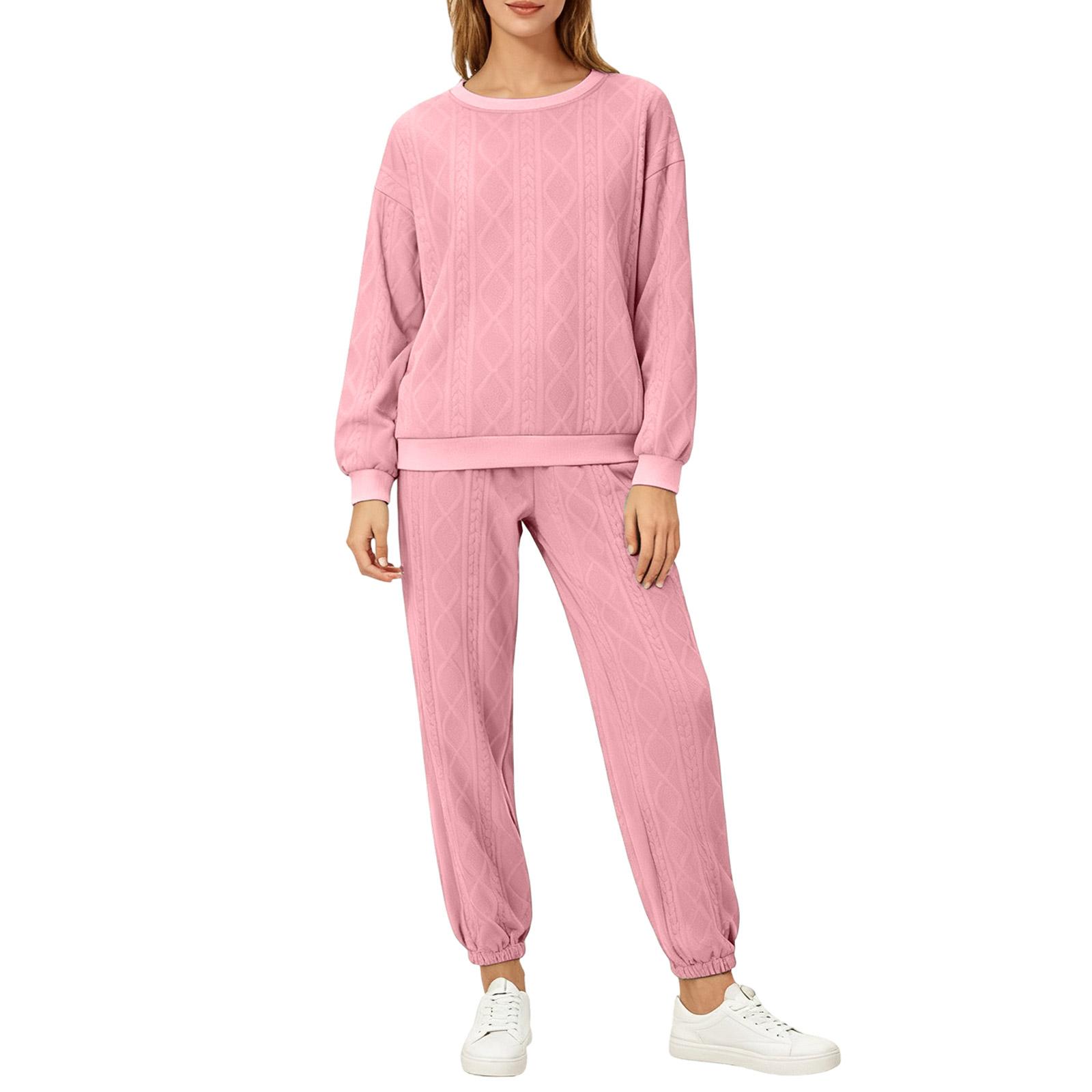 

Модный женский топ с длинными рукавами и круглым вырезом, с вставками из теста и леггинсы/брюки - комплект из двух предметов L розовый