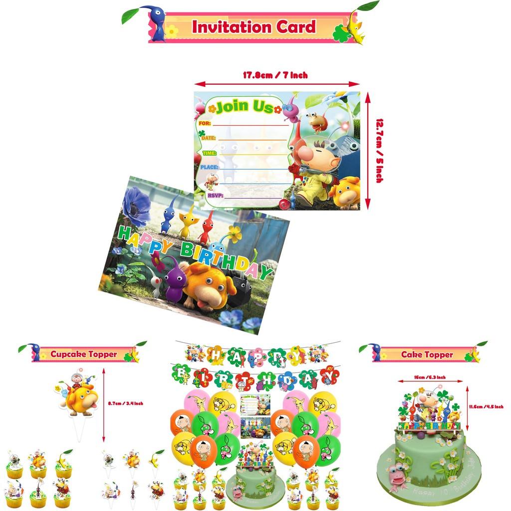 Pikmin-4 Birthday Party Set Colorful Balloons Paper Banner Cake Topper And Invitations!