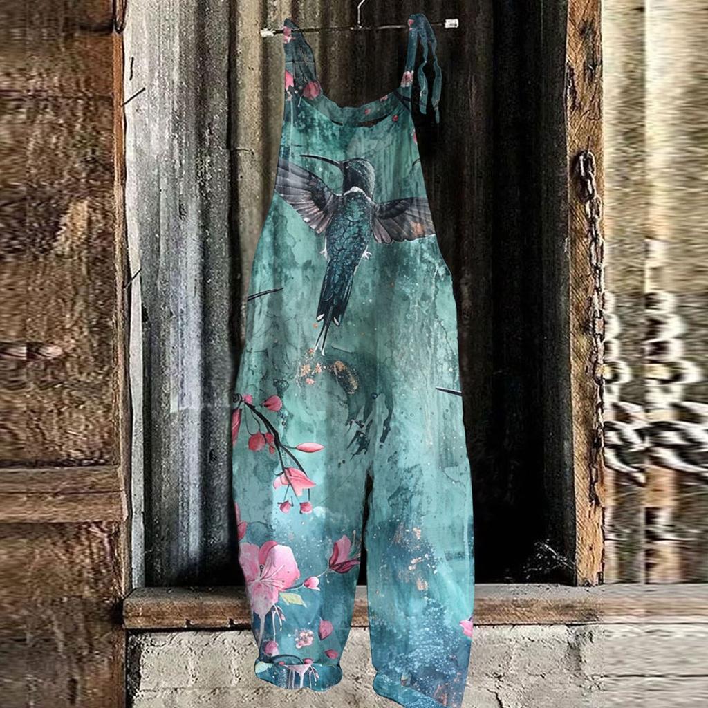 Women's Jumpsuit Floral Print Casual Loose Vintage Shoulder Strap Cotton Linen