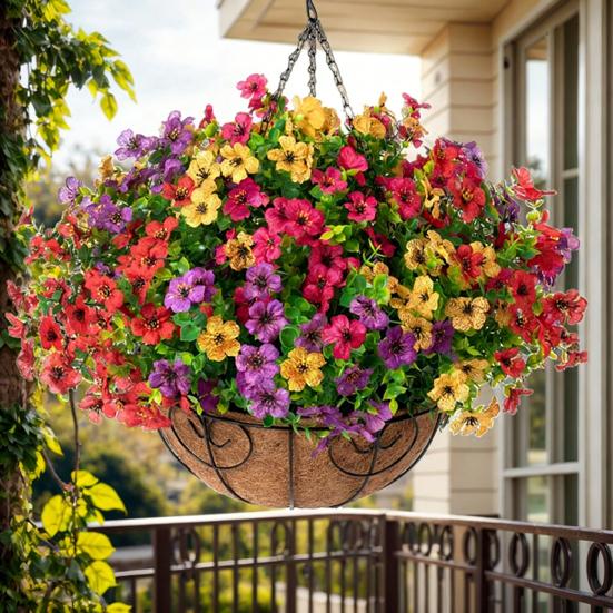 Künstliche Blumen Hängekorb Kunstblumen mit Eukalyptusblättern Hängepflanzer Enthält Blumen für Frühling Sommer Veranda Garten Terrasse