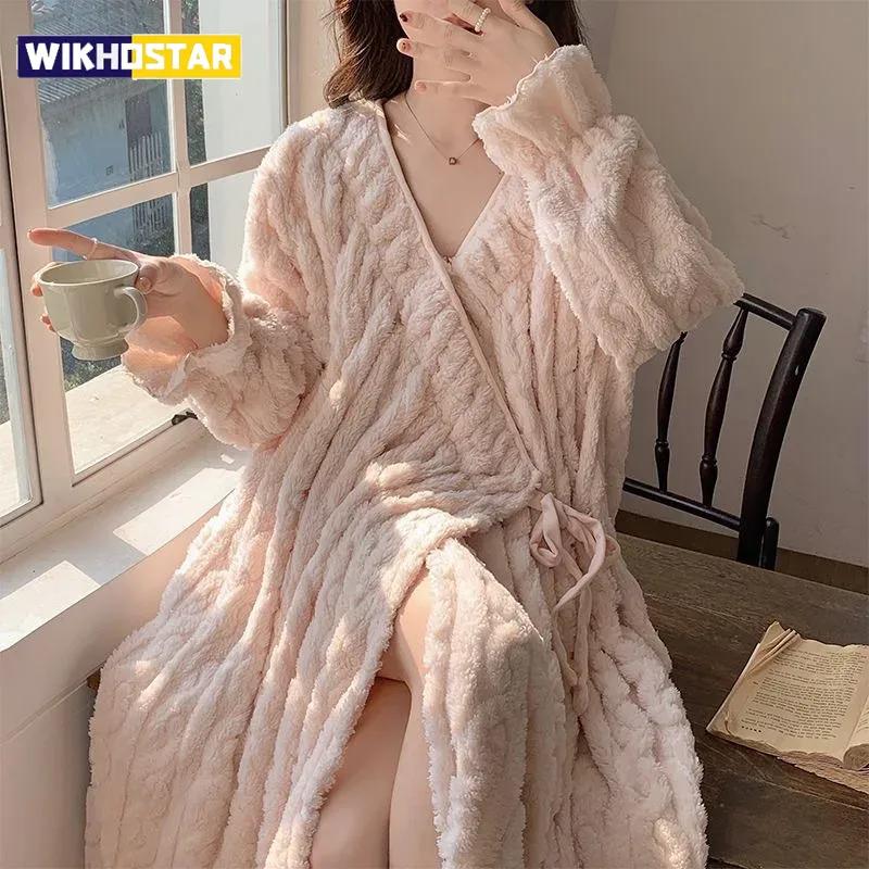 Woman Winter Loungewear Thick Fleece Robe Girls Long Warm Homewear Women Solid Soft Bathrobe Teen Comfortable Home Clothes Lady