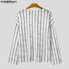 INCERUN Men Long Sleeve Striped Crochet Hollow Semi-Sheer Texture Tops T-shirts