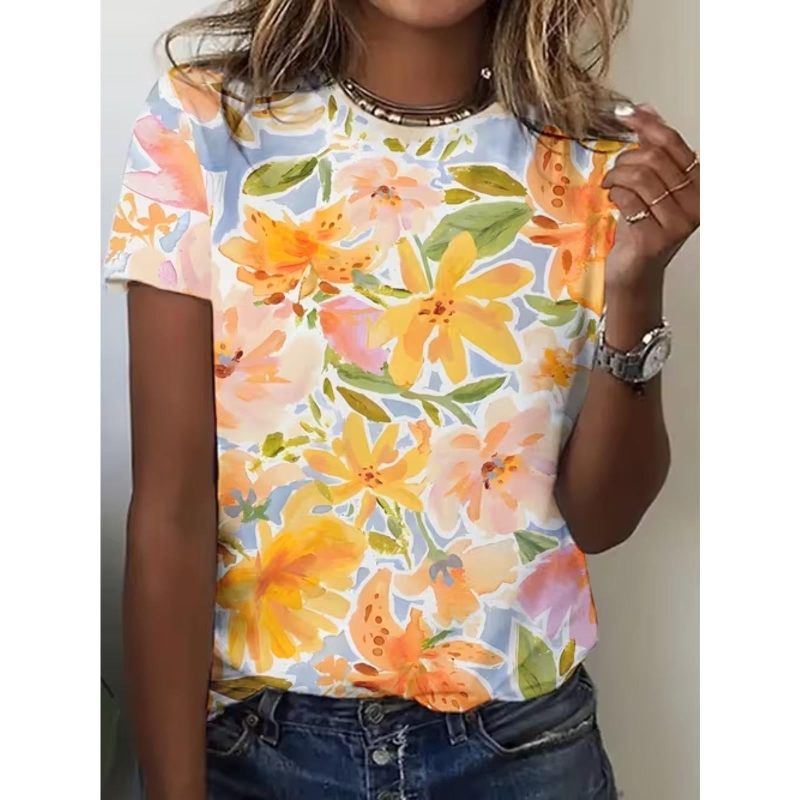 

Fashion Women Flowers Print T Shirt Funny Casual O-neck Short Sleeves T-shirt Summer Female Tee Shirt 8XL помаранчевий