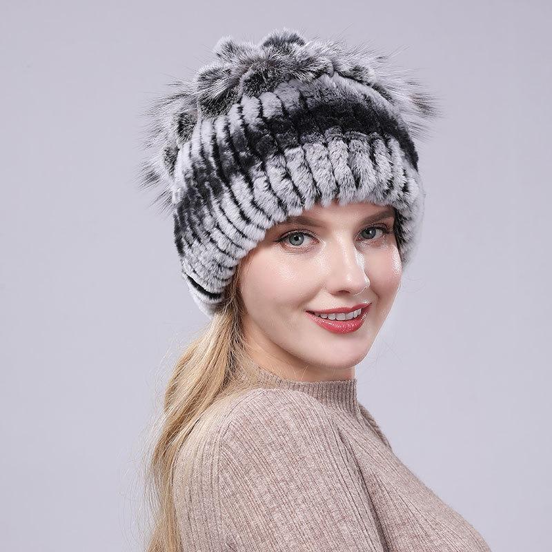 New Rex Rabbit Hair Hat Women's Winter Thickened Warm Fashion Versatile Elastic Fur Woven Hand-sewn Knitted Hat