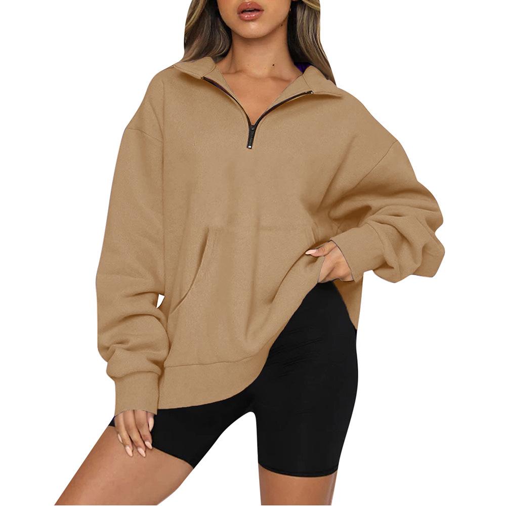 European and American Women's 2022 Autumn/Winter Pocket Half-Zip Long Sleeve Pullover Hoodie Sweatshirt