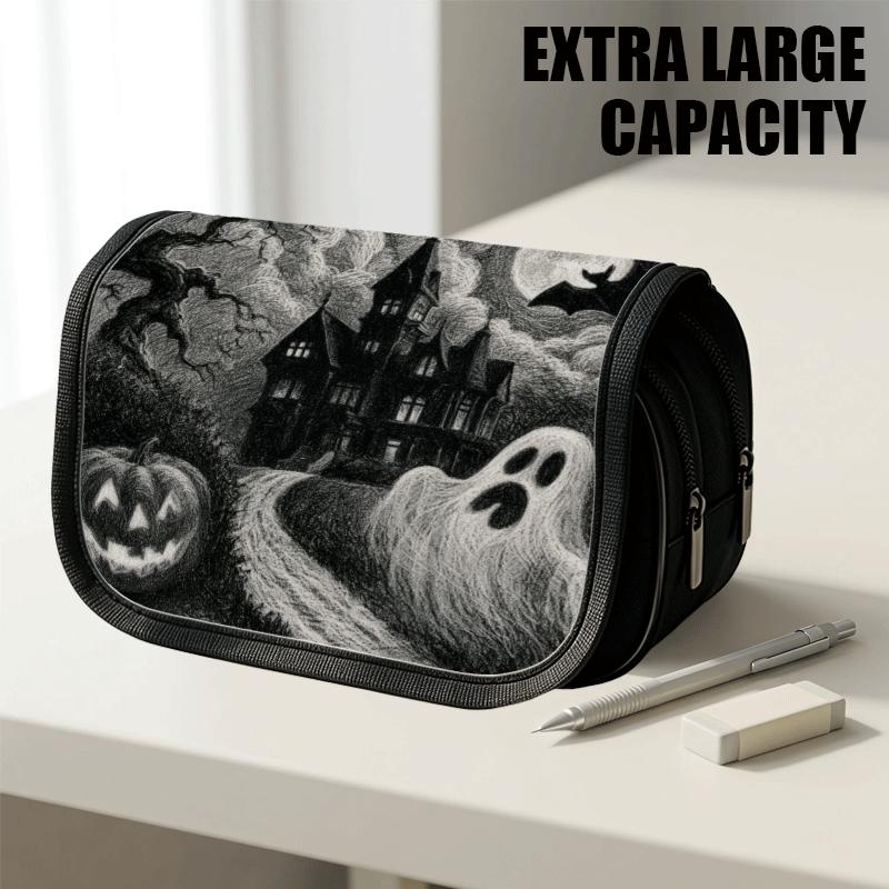 1pc Portable Flip-Top Halloween Themed Pencil Case with Double-Layer Zipper, Haunted Mansion Ghost Pumpkin Moo Design, Large Capacity Thickened Oxford