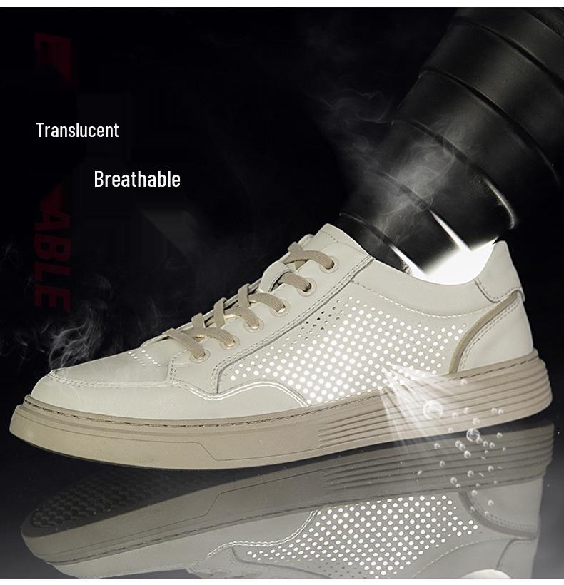 Spring 2024 Trendy Men's Breathable Leather Board Shoes - Comfortable, Hollow Design for Work and Casual Wear in White.