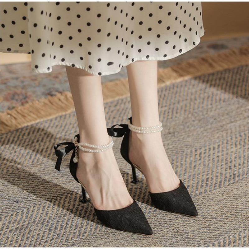 Women Elegant Pearl Stiletto Heels Open Back Evening Dress Shoes Summer New Fairy Single Pumps
