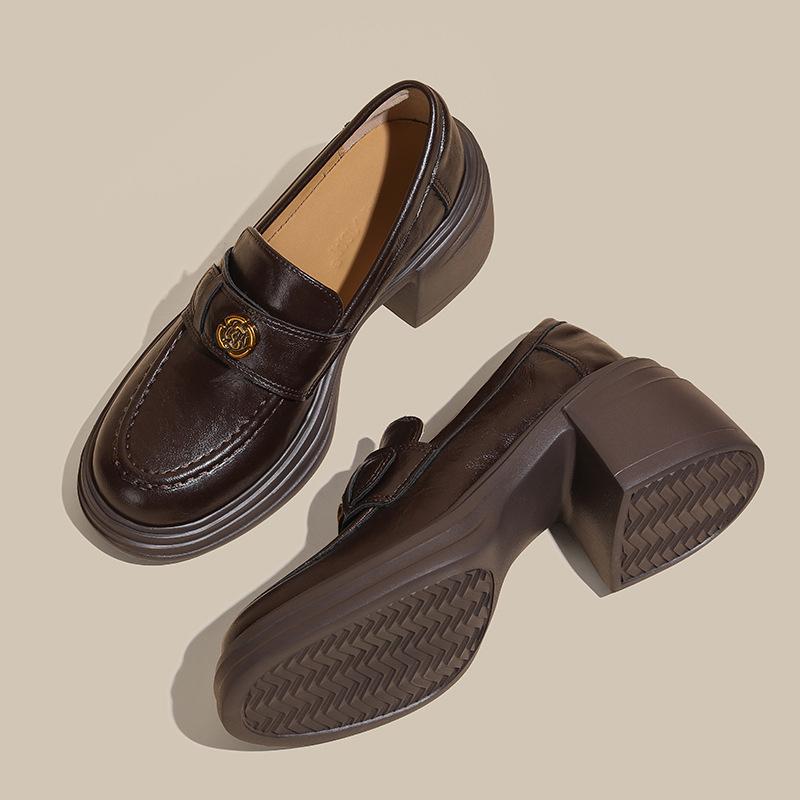 

Ретро камелия толстый каблук женские весенние новые круглый носок платформа одна педаль маленькие кожаные туфли 40 коричневый