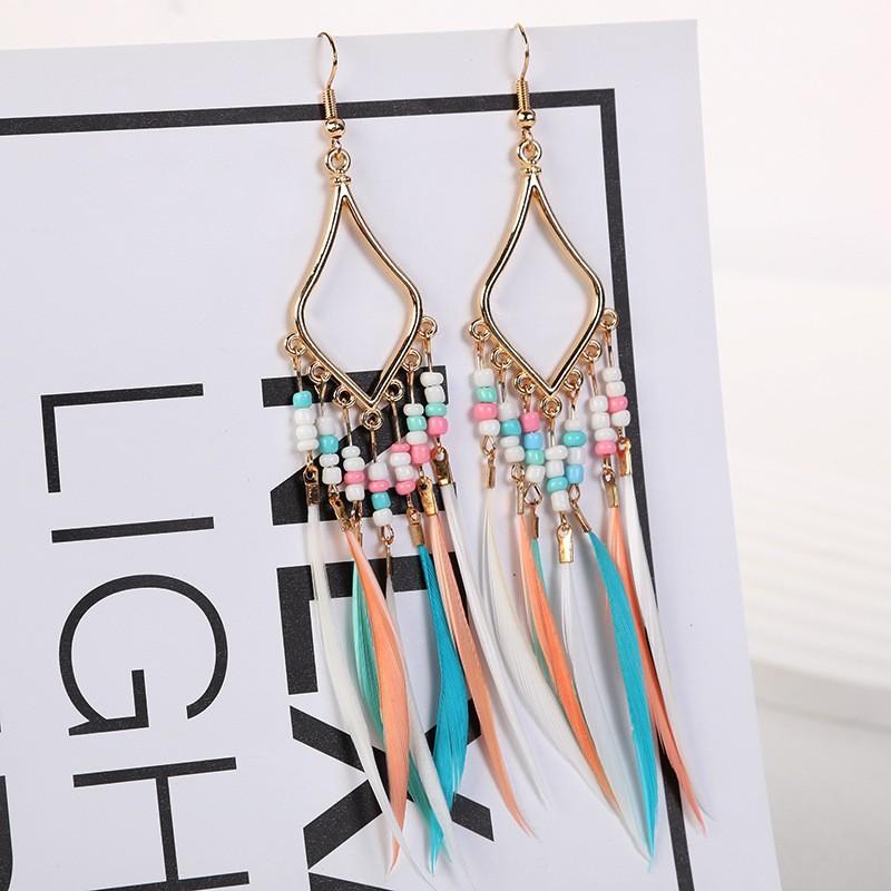 Vintage Bohemian Feather Tassel Earrings Exaggerated Ethnic Vacation Dangle Ear Jewelry Fashion Accessories For Women