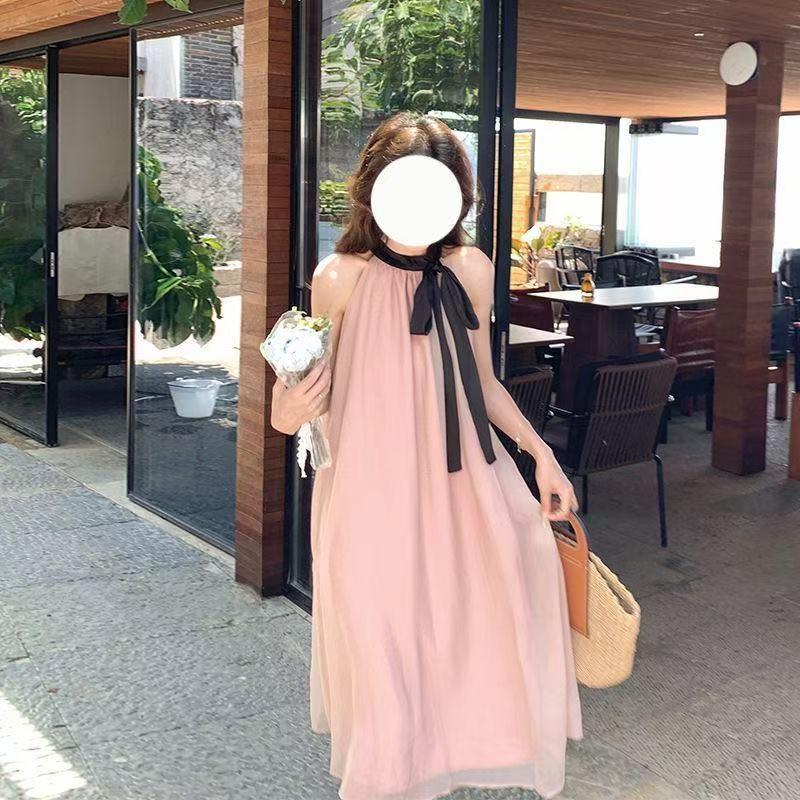 Elegant French Style Sleeveless Tie-Waist Dress for Birthday or Beach Vacation