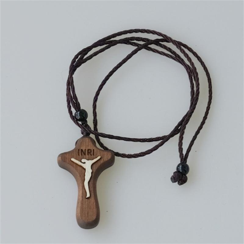 Soild Wooden Cross Zinc Alloy Necklace Jesus Catholic Cross Church Ornaments Natural Wooden Cross Chain Necklace