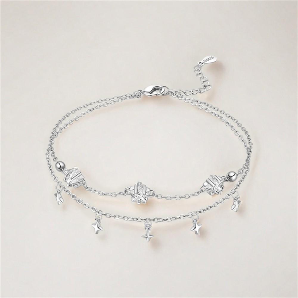 Orstarry S925 Silver Double Star Anklet Women Summer Chain Ankle Bracelet Party Jewelry Gift