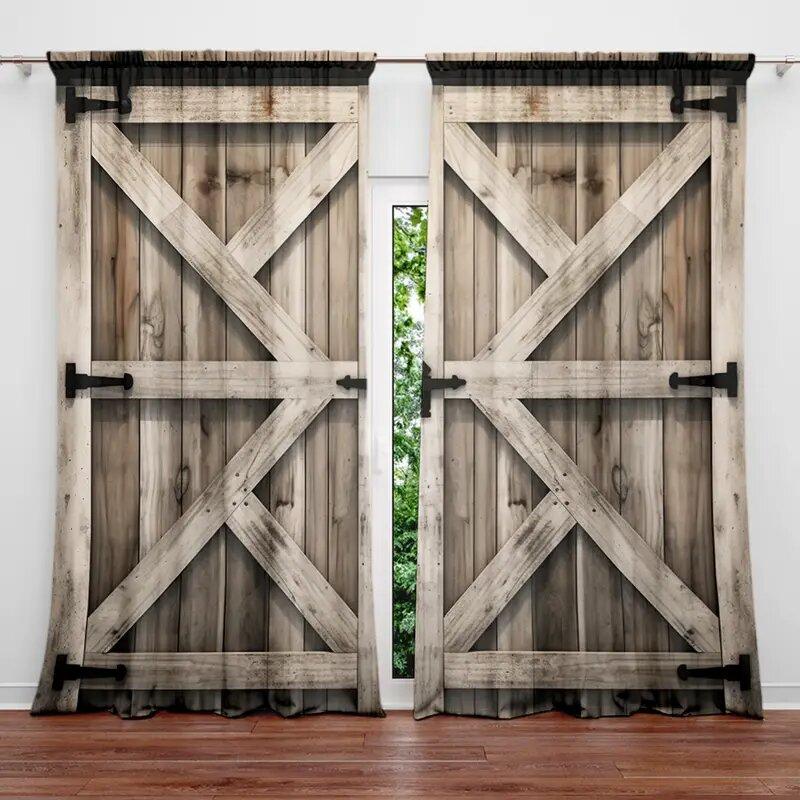 2 Stück hellfarbene Vorhänge mit Holzmaserungsdruck, Stangentaschenvorhänge 42*84, Heimdekoration, Raumdekoration