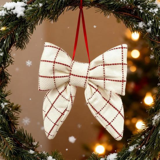 1/2Pcs Large Christmas Bow Decoration Red White Plaid Hanging Bow Ornament Indoor Outdoor Xmas Holiday Party Fabric Bow Wreath Decor