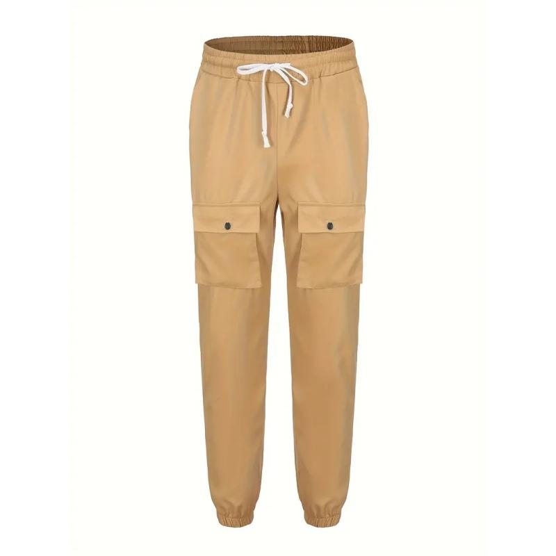 Men's, Solid Color Long Sleeve Button Down Jacket with Chest Pocket and Drawstring Pants with Multiple Pockets, Outdoor 2 Piece Set