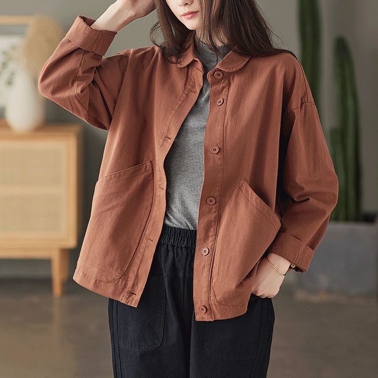 Women Cotton Jacket Autumn Short Casual Button Jacket Loose Simple Large Size Long Sleeve Tops