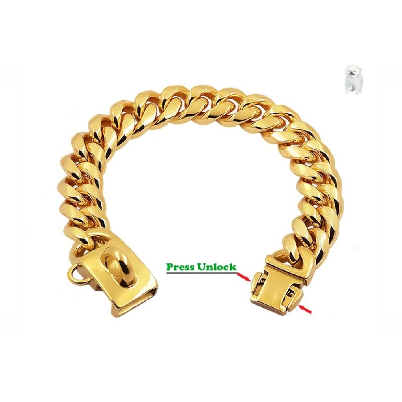 Metal Dog Collar Stainless Steel Pet Choker Gold Cuban Link Chain 14mm Wide Lead for Small Medium Large Dogs Pet Accessories