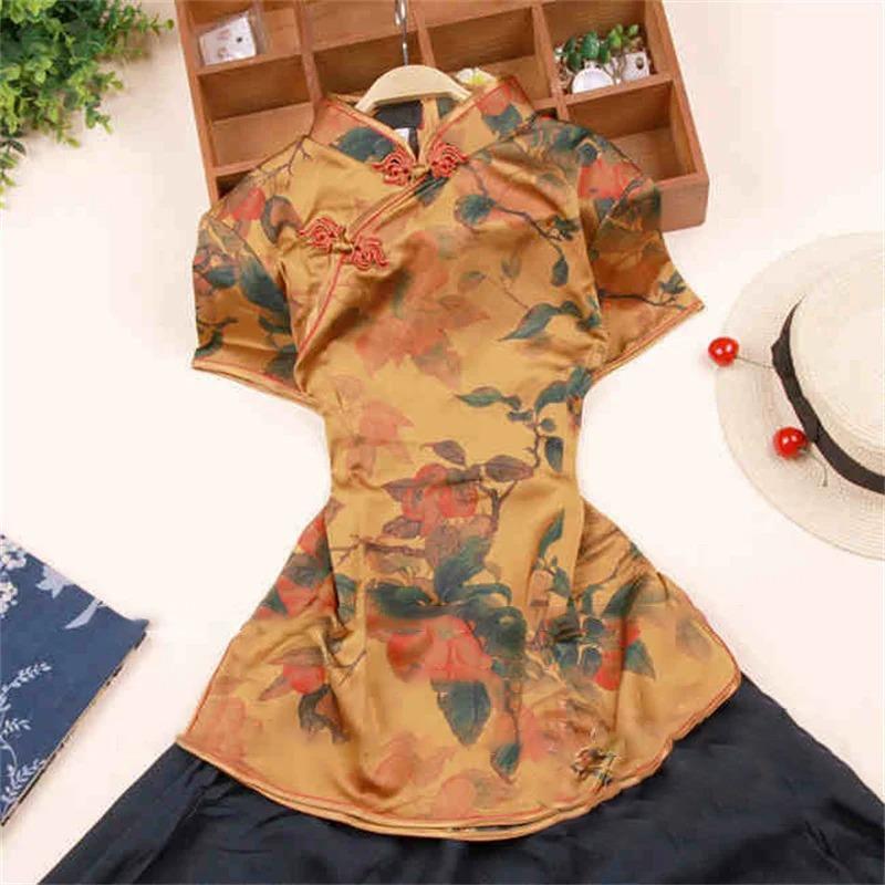 Blusa Elegante de Satén para Mujer Estampado de Flores Camisa Cheongsam Estilo Chino Tradicional Ropa Tang Disfraz de Verano Otoño