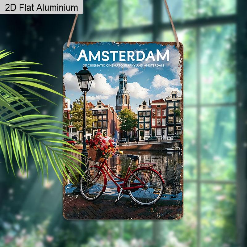 2D Flat, 1pc Vintage Amsterdam Aluminium Wall Art Sign "Cinematic Amsterdam" - 8"x12" Rustic Travel & Home Decor, Dutch Canal & Bicycle Wall Art