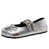 One-button silver Mary Jane shoes children's 2025 new summer light mouth bow round head flat bottom French shoes