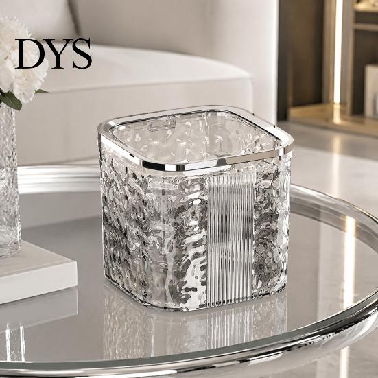 Compact Trash Can for Bedroom Desktop with Pop-Up Lid, Transparent Glacier Texture Small Waste Mini Plastic Bin Vanity Bin, Garbage Container Bathroom