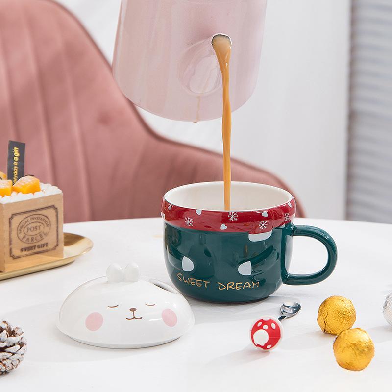 Christmas Cute Rabbit Cup Christmas Mug Ceramic Cup Christmas Gift Coffee Cup with Lid Spoon Large Capacity Water Cup
