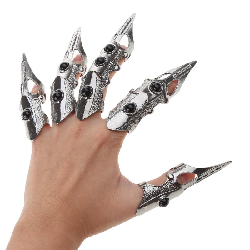 Gotycki Punk Rękawica Ręka Szkieletu Regulowany Metalowy Pazur Palca Szkielet Pełne Pierścienie na Palce na Halloween Cosplay i Imprezę