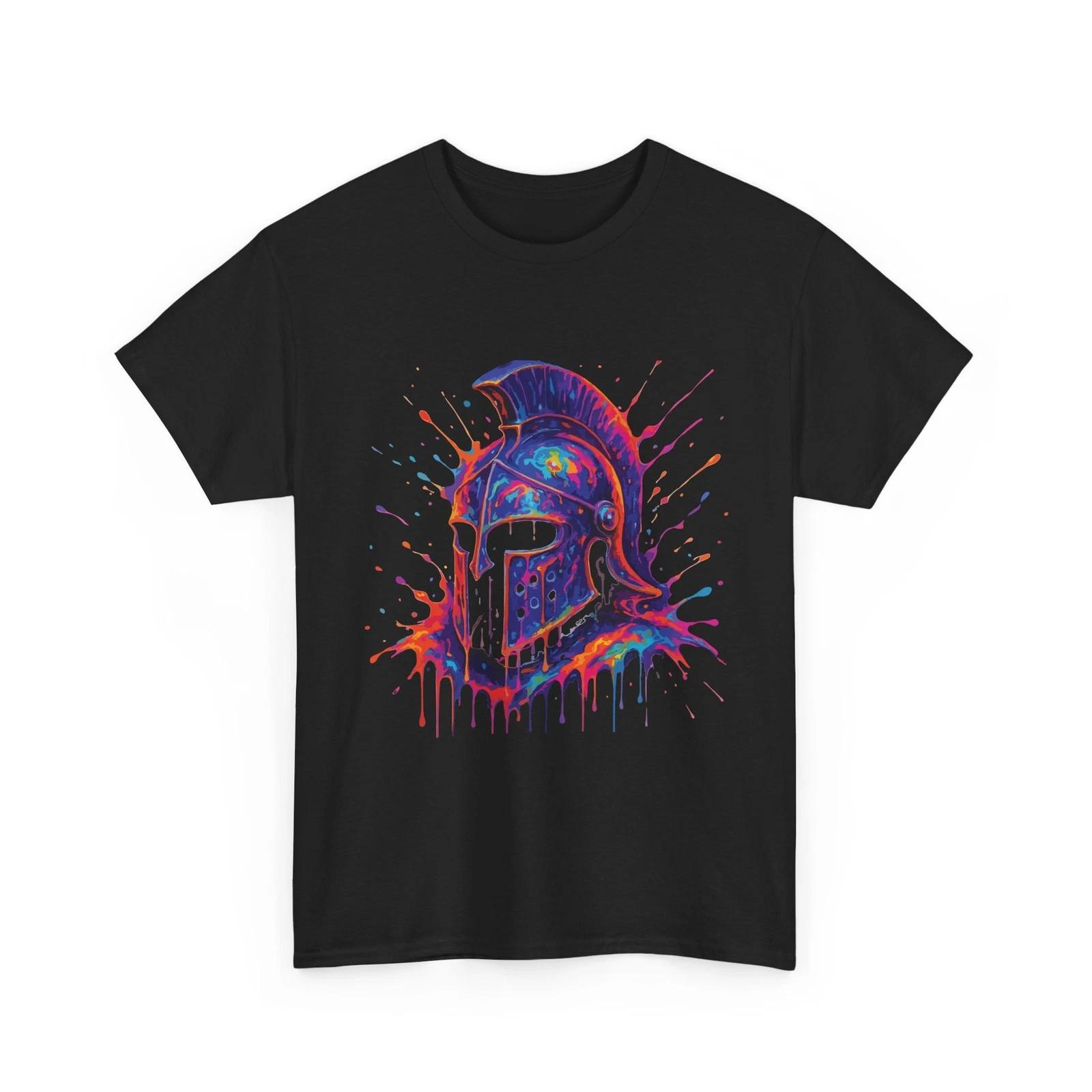 Neon Spartan Helmet T-Shirt | Colorful Drip Warrior T-Shirt, Armor Paint Splash M