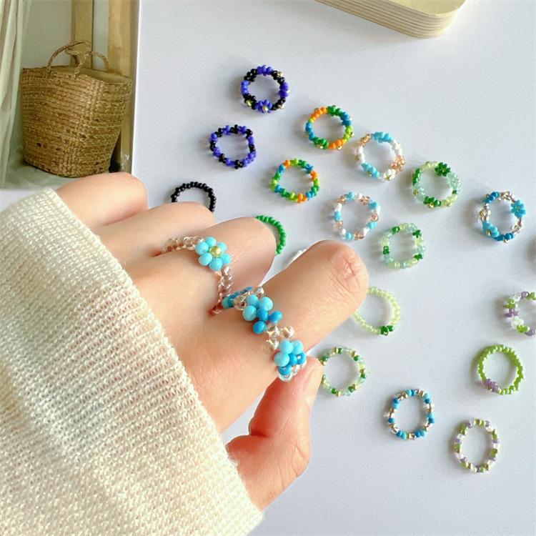 2025 Summer Macaron Color Beaded Flower Ring - Korean Porcelain Women's Jewelry