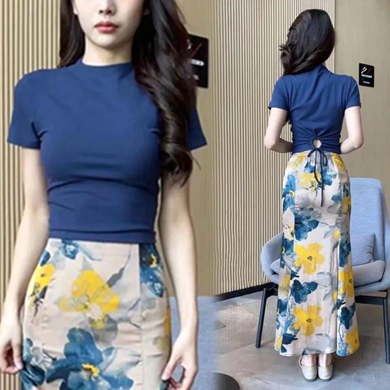 Fashion Suit Skirt, Summer Stylish and Versatile, Fitted Short Top, Slimming Fish Tail Midi Skirt Two-piece Set