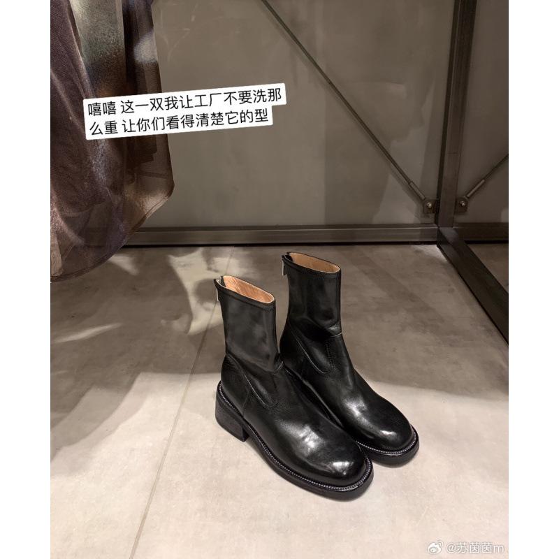 Shoes Retro Leather Square Head Rear Zipper Thick Heel Thin Boots Women's Short Boots Autumn and Winter