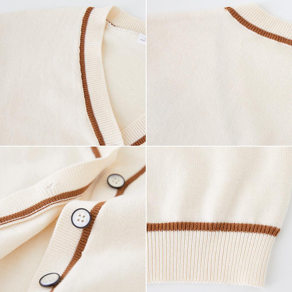 Spring and Autumn Bear Embroidery V-Neck Contrast Color Knitted Cardigan Long Sleeve Cartoon Boy Sweater Jacket