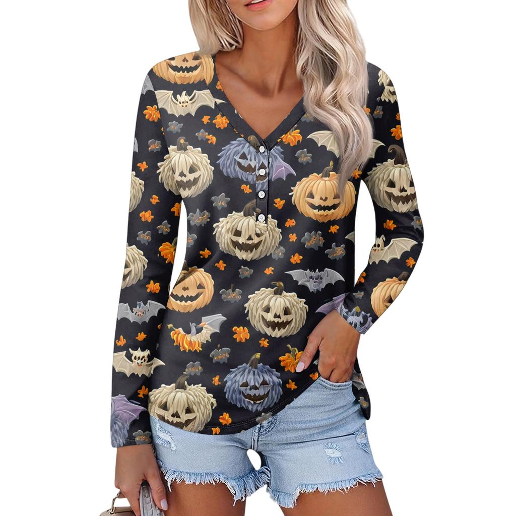 Women's Casual Fashion Sexy Comfort Halloween Printed V-Neck Button Long Sleeve