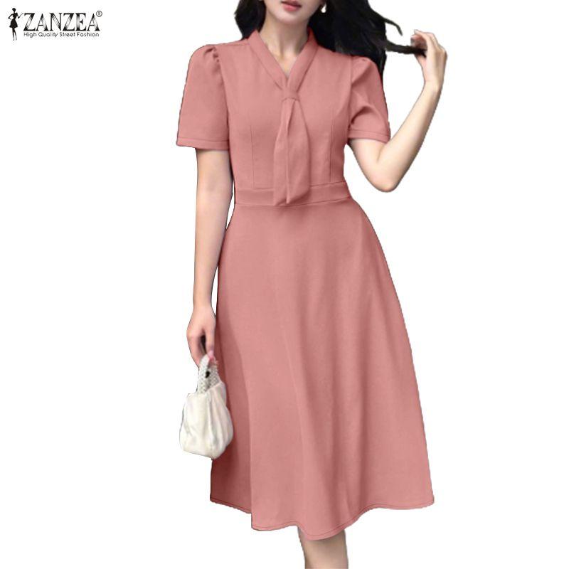 ZANZEA Women Elegant Casual V-Neck Summer Short Sleeve Dress