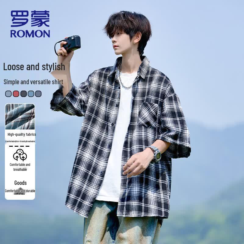 ROMON Men s Loose-Fit Plaid Short-Sleeve Casual Shirt M