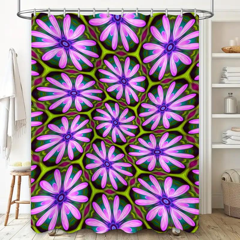 Bright Floral Shower Curtain Set Pink Purple Flower Pattern Bath Decor Waterproof Fabric Shower Panels for Bathroom Decoration H