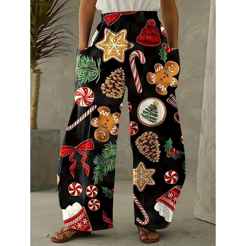 Plus Size Fashion Women  Casual Loose Christmas Printing Long Wide Leg Yoga Pants Pocket Lounge Pants Pajama Pants