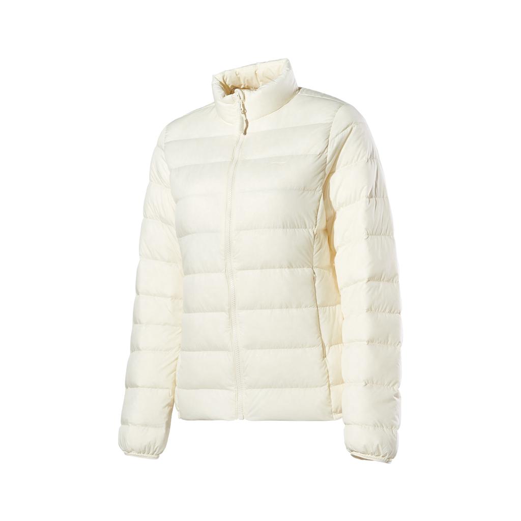 LiNing Fitness Series Solid Color Loose Stand Collar Zipper Down Jacket Women Outerwear Champagne-White AYMU112-1